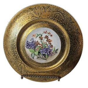 Vintage Signed Winifred Prentice 1948 Hand Painted Lilac Porcelain Plate Gold